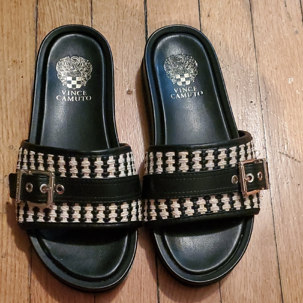 Vince Camuto Black and Cream Buckle Slides